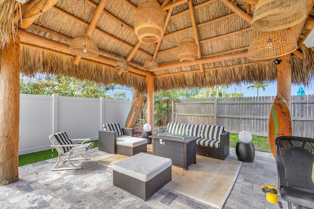 view of patio / terrace with a gazebo and outdoor lounge area