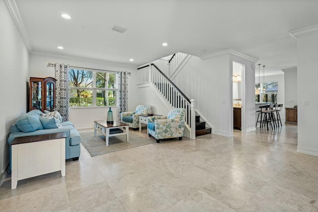 living room with crown molding