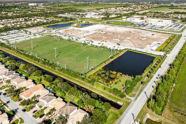 drone / aerial view featuring a water view