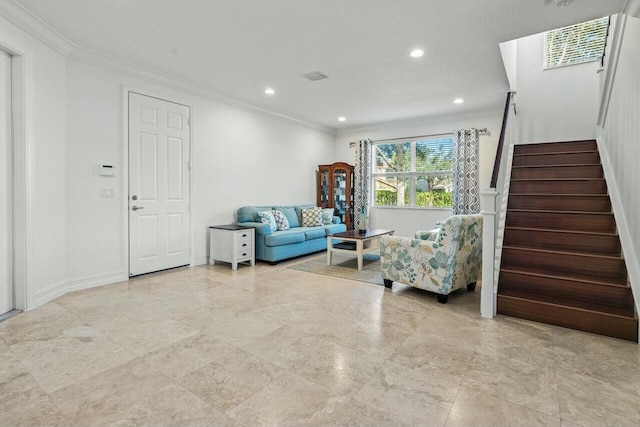 living room with crown molding