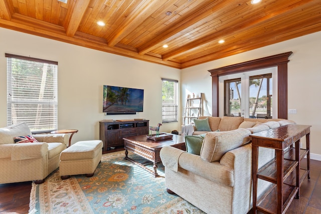 living area with hardwood / wood-style floors, crown molding, beamed ceiling, and wood ceiling