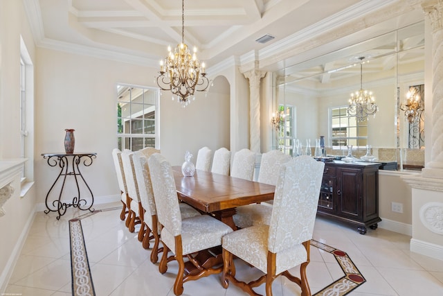 dining space with light tile patterned floors, baseboards, and a notable chandelier