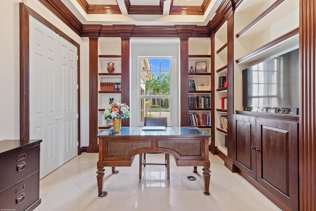 home office with built in features, coffered ceiling, crown molding, and light tile patterned floors