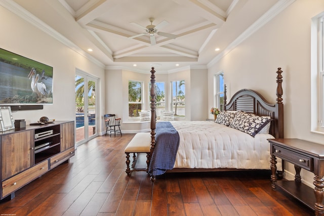 bedroom featuring dark wood-style floors, beam ceiling, coffered ceiling, and access to exterior