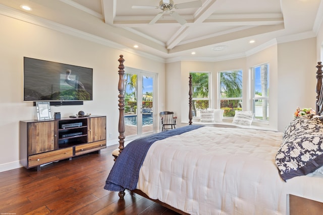 bedroom with baseboards, coffered ceiling, access to exterior, dark wood-type flooring, and crown molding