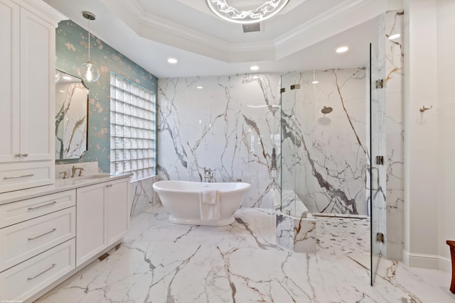 bathroom featuring a marble finish shower, crown molding, a raised ceiling, a soaking tub, and stone wall