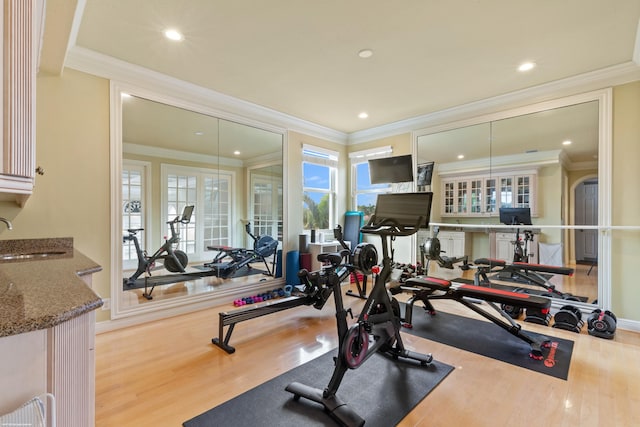 workout room with ornamental molding, wood finished floors, recessed lighting, and a sink