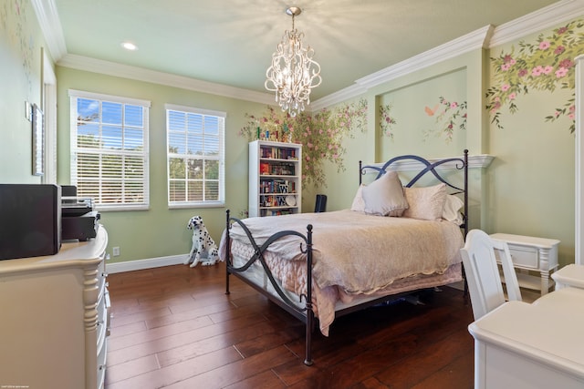 bedroom with baseboards, an inviting chandelier, recessed lighting, dark wood-style flooring, and ornamental molding