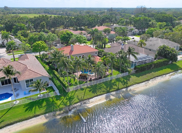 aerial view featuring a water view