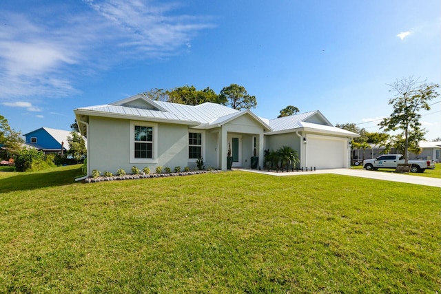 ranch-style house with a garage and a front lawn