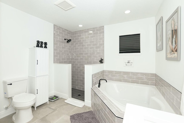 bathroom featuring plus walk in shower, tile patterned flooring, and toilet