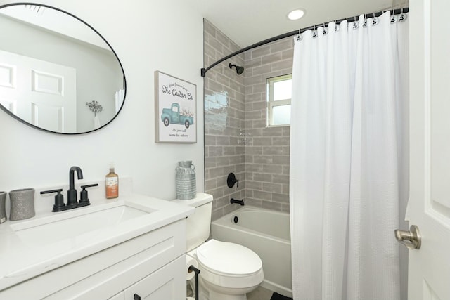 full bathroom with vanity, toilet, and shower / bathtub combination with curtain