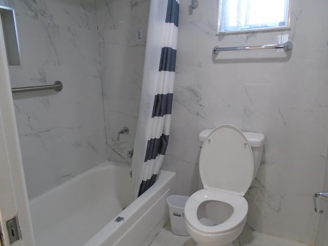 bathroom with toilet, shower / bathtub combination with curtain, and tile walls