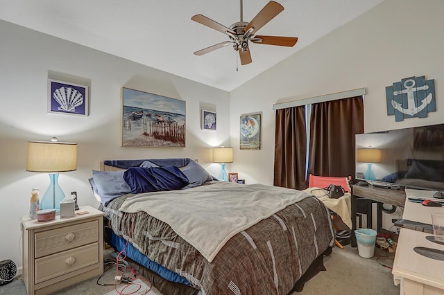 carpeted bedroom featuring ceiling fan and lofted ceiling