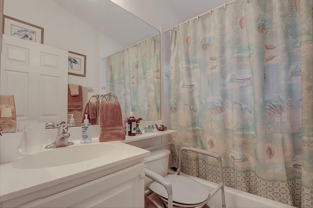 full bathroom with vanity, toilet, and shower / bath combo with shower curtain