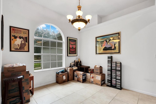 miscellaneous room with plenty of natural light, light tile patterned floors, and a chandelier