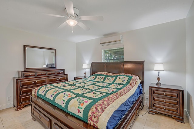 bedroom featuring light tile patterned floors, a wall mounted AC, and ceiling fan