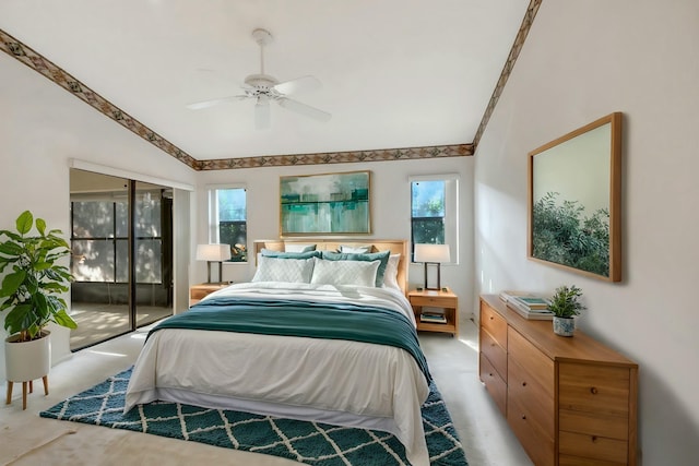 bedroom with multiple windows, light carpet, lofted ceiling, and ceiling fan