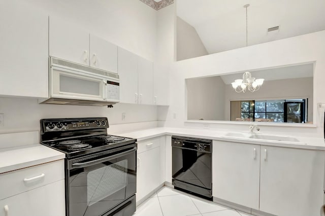 kitchen featuring a notable chandelier, black appliances, sink, white cabinetry, and hanging light fixtures