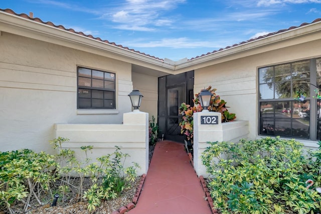 entrance to property featuring stucco siding