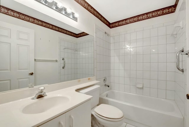 full bathroom with toilet, vanity, tile patterned flooring, and tiled shower / bath combo