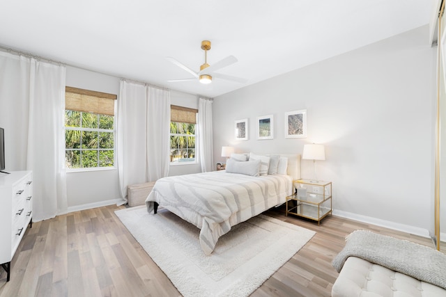 bedroom featuring light wood-type flooring and ceiling fan