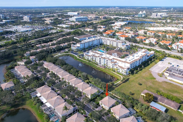 drone / aerial view featuring a water view