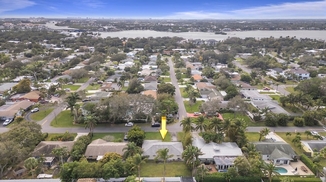 drone / aerial view featuring a water view