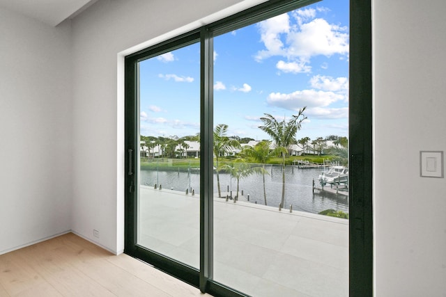 doorway featuring wood-type flooring, a water view, and plenty of natural light