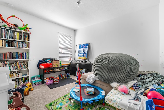 playroom with carpet flooring and a textured ceiling