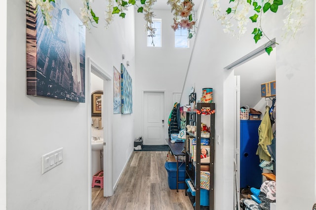 hallway with a towering ceiling and hardwood / wood-style flooring