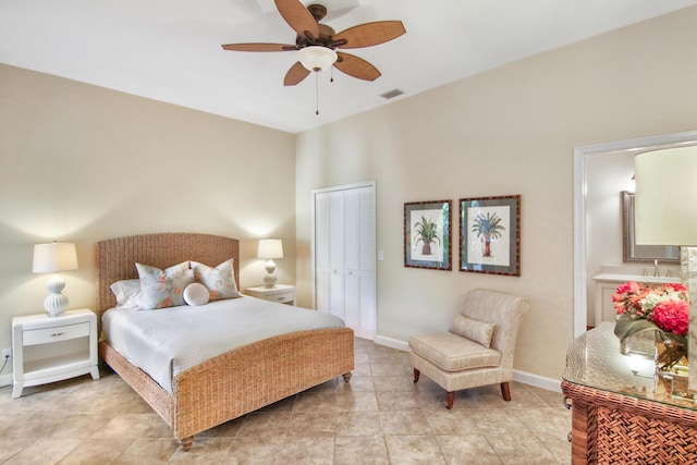 bedroom featuring ceiling fan and a closet