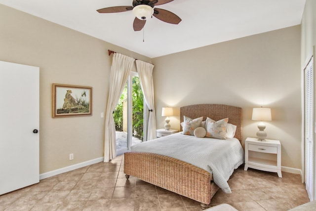 bedroom with ceiling fan and access to exterior