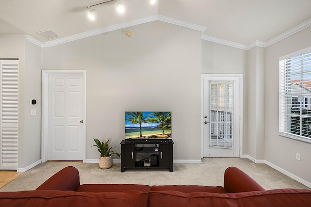 living room with carpet floors, vaulted ceiling, and ornamental molding