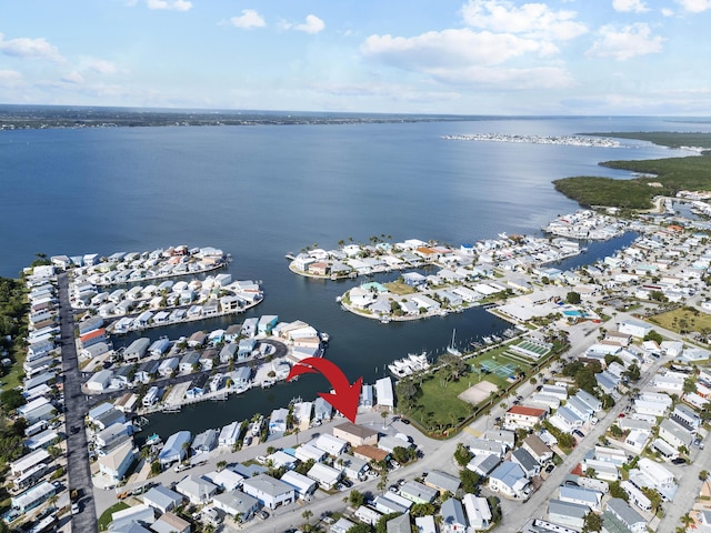 drone / aerial view featuring a water view