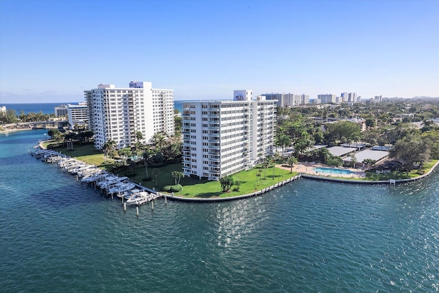 aerial view featuring a water view