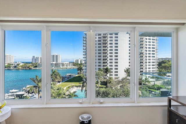 interior space with a water view