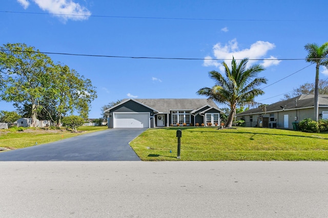 single story home featuring a front lawn and a garage