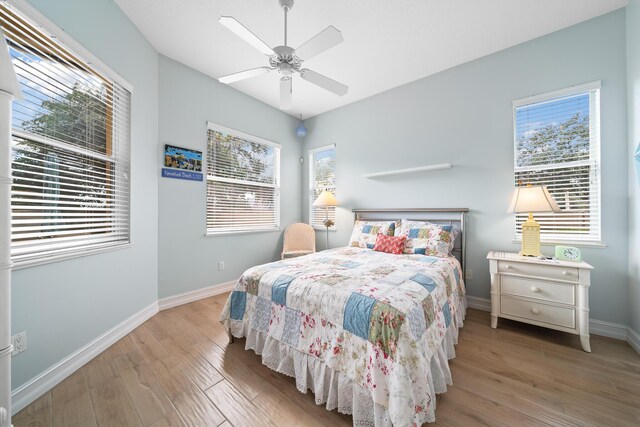 bedroom featuring ceiling fan and light hardwood / wood-style floors