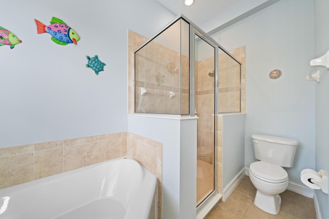 bathroom with toilet, shower with separate bathtub, and tile patterned floors