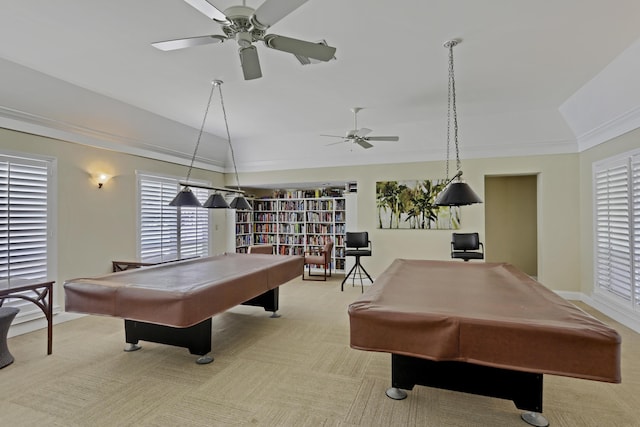 game room with billiards table, ceiling fan, carpet flooring, crown molding, and baseboards