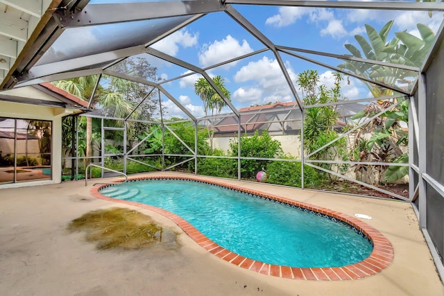 view of swimming pool with a lanai and a patio area