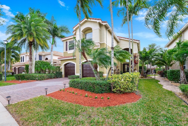 mediterranean / spanish house featuring a garage and a front yard