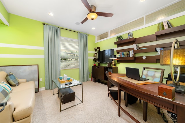 carpeted home office with ceiling fan