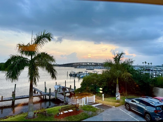 view of water feature with a boat dock