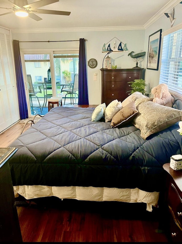 bedroom featuring ceiling fan, ornamental molding, access to outside, and multiple windows