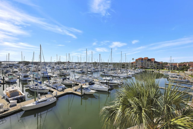 view of water feature with a boat dock