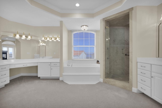 bathroom with a garden tub, vanity, baseboards, a shower stall, and a raised ceiling