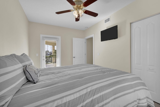 bedroom featuring a ceiling fan, a closet, and visible vents