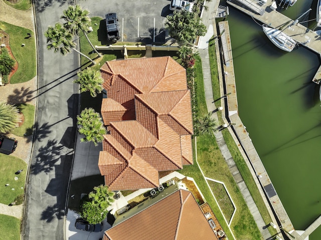 drone / aerial view featuring a water view